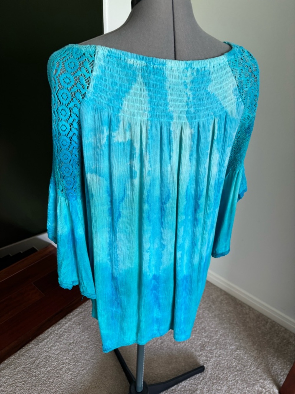 Studio West Aqua Blue Smocked Peasant Top